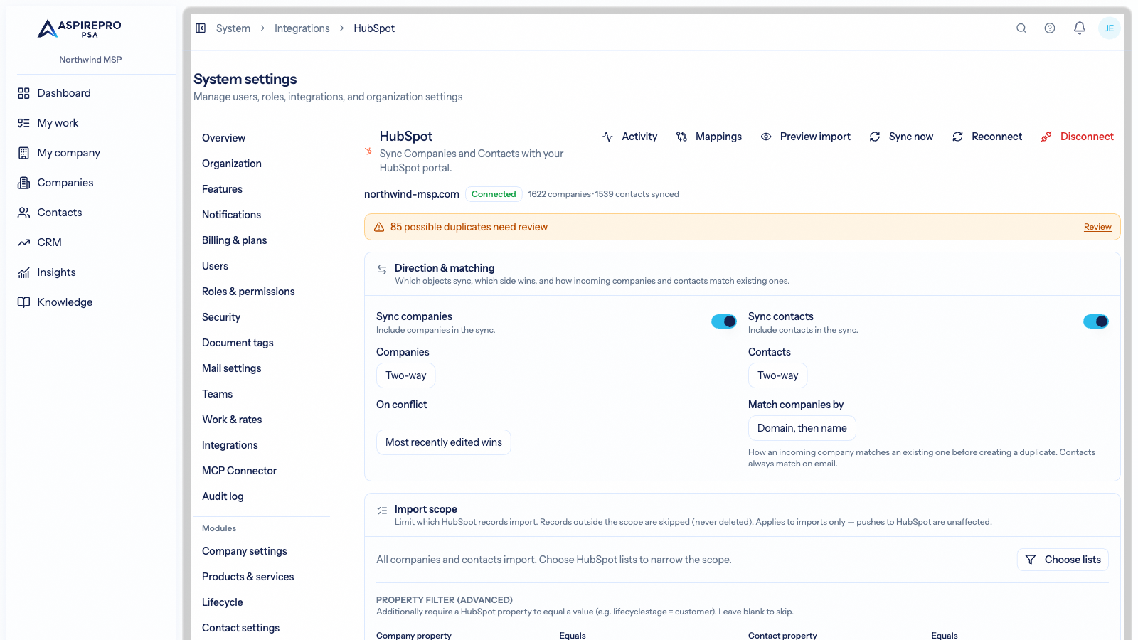 Configurações de integração com o HubSpot no AspirePro: portal conectado, direção da sincronização por objeto, regra de conflito e correspondência de empresas