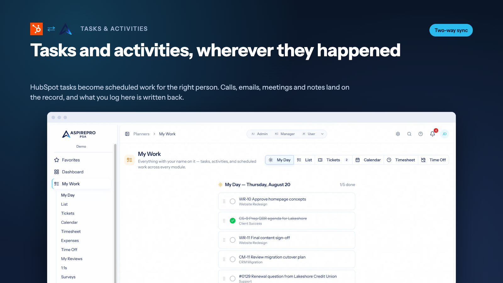 Meu trabalho no AspirePro, mostrando as tarefas agendadas, incluindo as tarefas do HubSpot