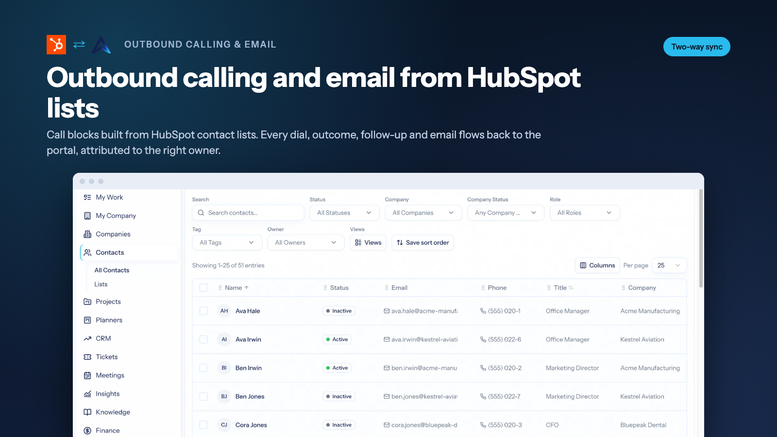 Índice de contatos do AspirePro com uma lista criada a partir do HubSpot