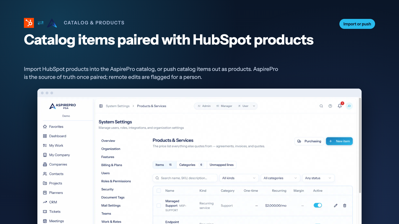 Catálogo de produtos e serviços da AspirePro integrado aos produtos da HubSpot